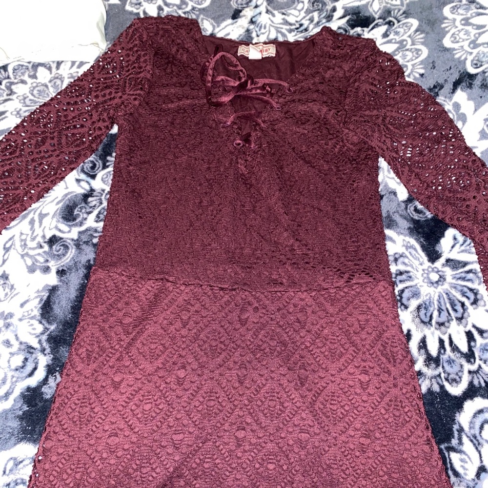 Cherry colored tighten top, skater skirt dress.